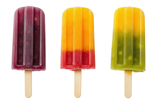 Colorful frozen refreshing fruity ice cream popsicles close up isolated on transparent PNG background.
