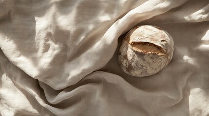 A clean photo of freshly baked bread styled on a light linen with subtle branding. pic