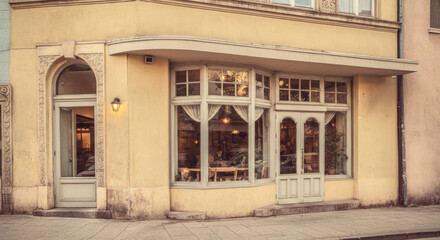 Art Deco coffee shop with large windows in a vintage style viewed from the street