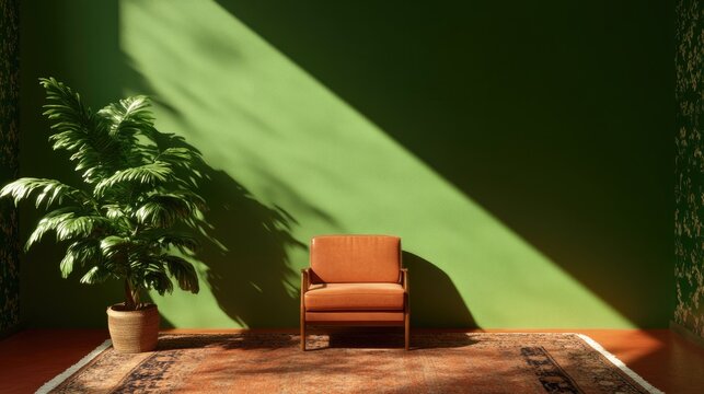 Cozy corner with brown chair illuminated by sunlight against gre