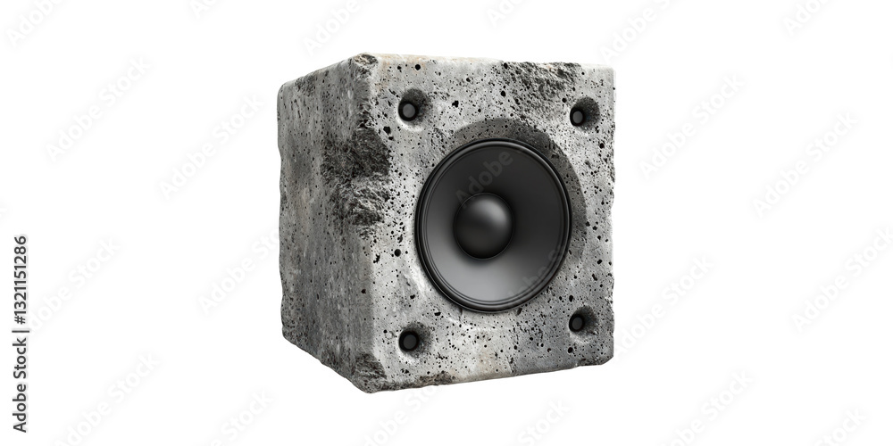 Poster cement block shaped speaker with speaker grille and cone isolated on transparent background