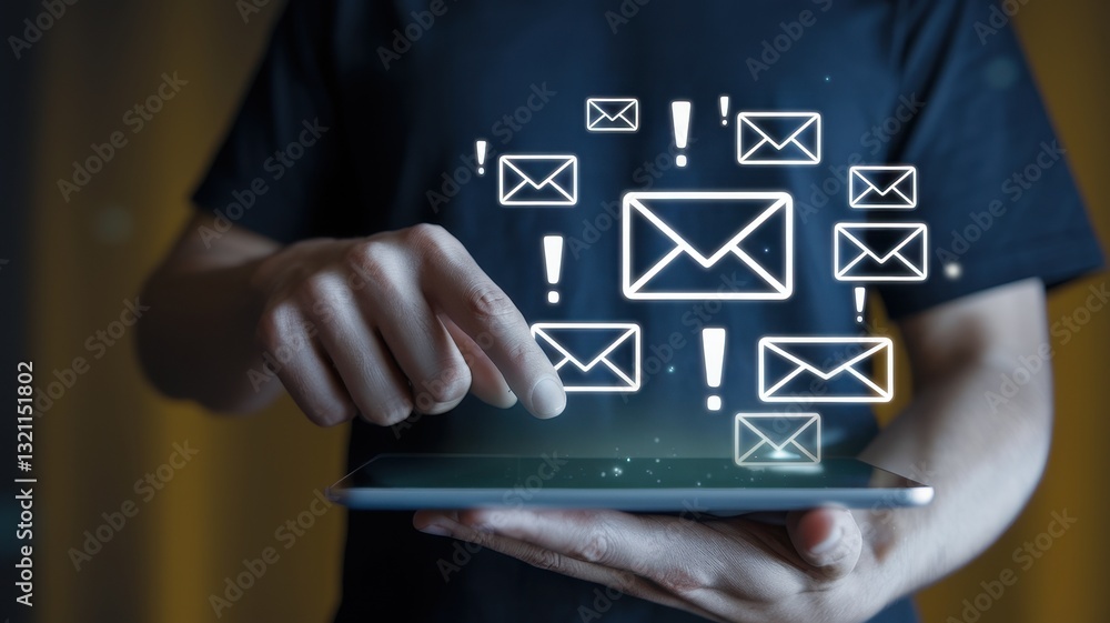 Poster digital mail management: a man interacts with email notifications on a tablet