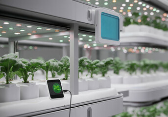 A futuristic greenhouse with vertical farming racks, each equipped with IoT sensors monitoring plant growth.