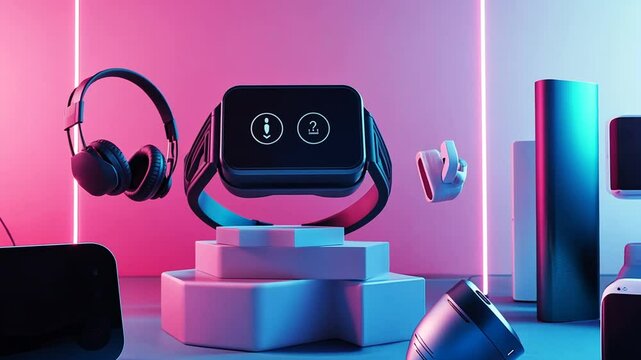 Futuristic electronic gadgets on display with vibrant neon lighting, showcasing tech innovation