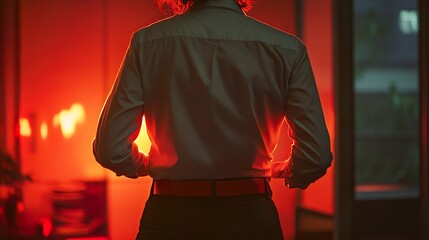 Obraz premium Mysterious Figure in Red Light: A Backlit Portrait