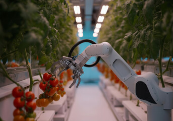 Robotic arm harvesting ripe tomatoes in modern greenhouse with automated technology
