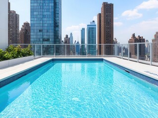 Fototapeta premium Rooftop swimming pool at a chic urban residence, glass barriers, view of city skyscrapers, serene water surface, bright day