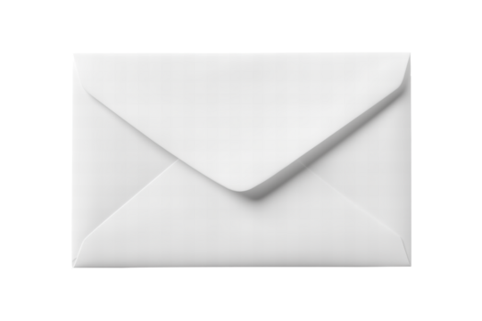 Blank white empty envelope close up isolated on transparent PNG background.