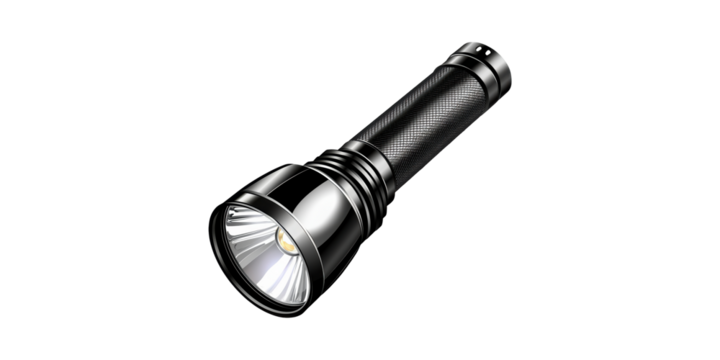 Black metal flashlight with textured handle isolated on transparent background