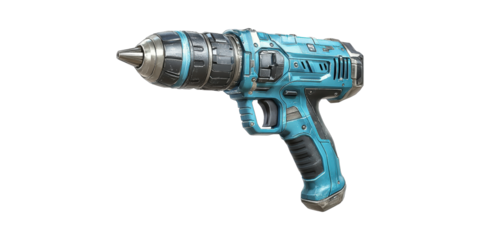 Blue electric cordless drill tool with ergonomic grip isolated on transparent background