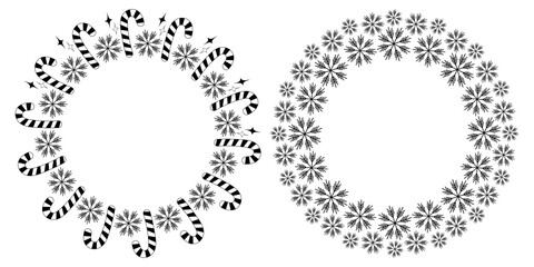 Candy Cane Decorative Stars Various scale snowflakes Circular Frame border Copy space Template Set 2