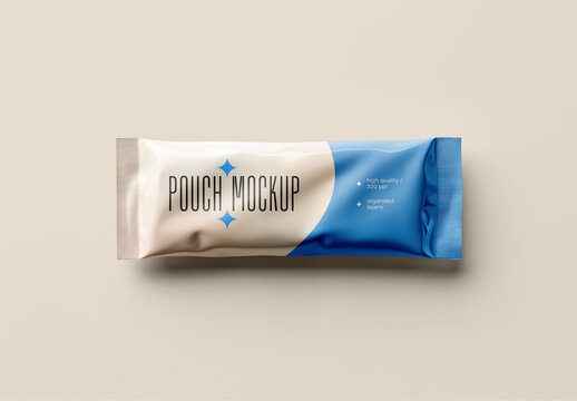 Long Pillow Pouch Mockup with Blue Accent on Beige Background, Ideal for Protein Bars or Snack Packs