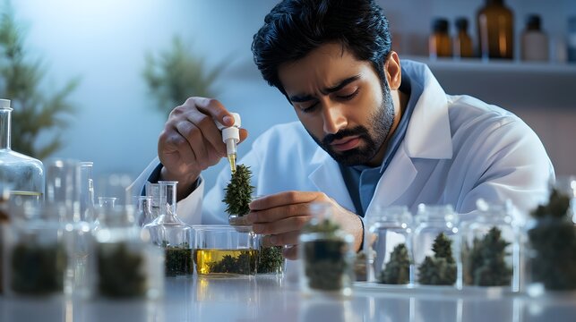 Man in laboratory preparing cannabis oil with expert skills and care in a professional setting for medical purposes