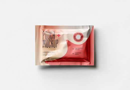  Matte Flow Pack Pouch Packaging Mockup on White Background for Candy, Chocolate, or Snack Products