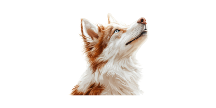 Fluffy border collie dog with blue eyes looking up isolated on transparent background