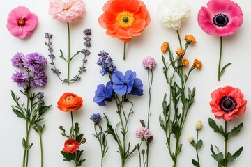 Obraz premium Colorful display of various fresh flowers arranged beautifully on a light background in a creative composition during daylight