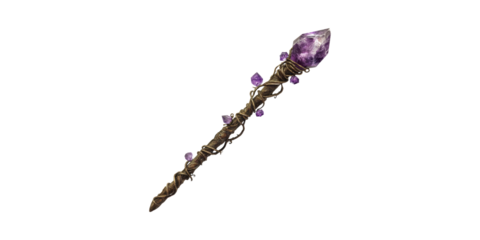 Magical wizard staff with amethyst crystals isolated on transparent background