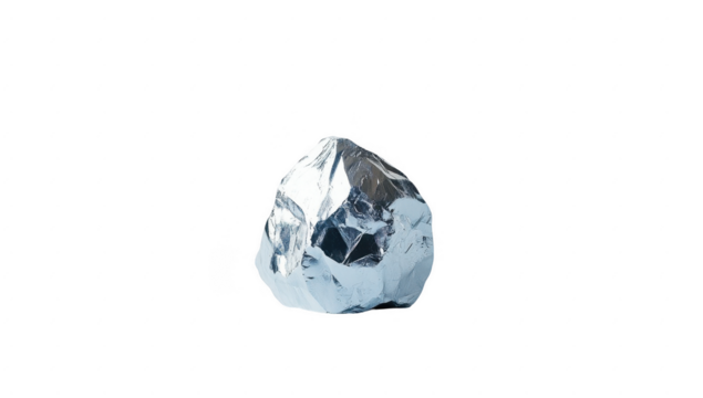 Shiny silver rock resting on a transparent background showcasing its rough surface and natural form with no distractions