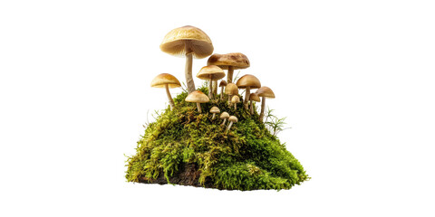 Cluster of brown mushrooms on lush green moss isolated on transparent background