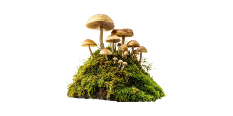 Cluster of brown mushrooms on lush green moss isolated on transparent background