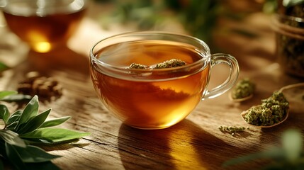 Steaming cup of aromatic cbd tea on rustic wooden table surrounded by natural elements for cozy vibes