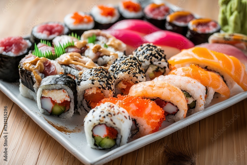 Poster sushi plate with assorted rolls and nigiri featuring spicy tuna on a wooden table in an elegant sett