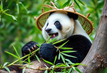 Obraz premium A giant panda, bamboo hat perched atop its head, rests in a tree, contentedly munching on fresh bamboo shoots, green, flora
