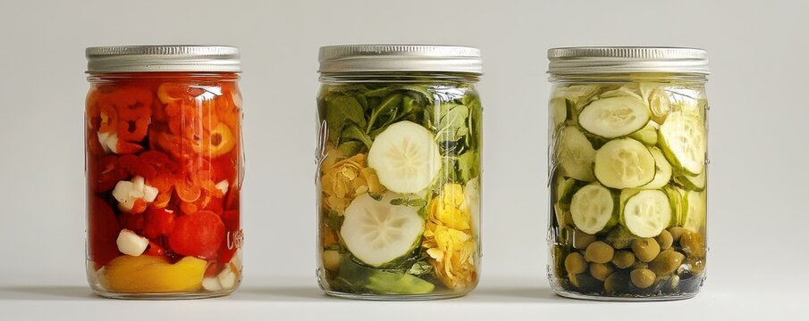 Three glass jars of colorful pickled vegetables arranged neatly on a white background