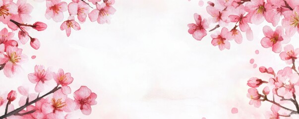 Fototapeta premium Elegant watercolor cherry blossom frame with delicate pink blooms on white background