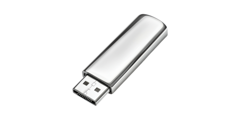 Silver usb flash drive for digital data storage isolated on transparent background