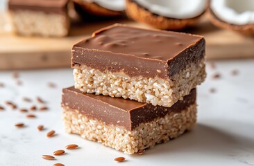 Delicious chocolate coconut rice krispie treats with flaxseeds on marble surface