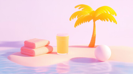 Tropical paradise with palm tree, beach towel, juice, and ball in soft pastel colors