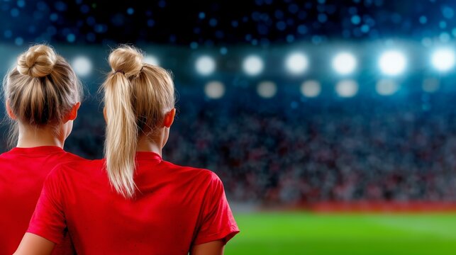 Back view of female soccer players under stadium lights in red jerseys