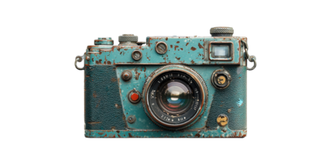 Vintage blue camera with lens and dials isolated on transparent background