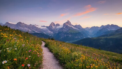 A winding dirt hiking trail cuts through the verdant mountainside, creating a natural pathway that leads toward distant peaks. No people are visible on the trail.