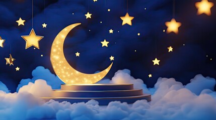 Naklejka premium 3D Ramadhan podium is placed on a crescent moon platform Show soft glowing stars in the background Use royal blue, gold, and ivory colors Vibrant color