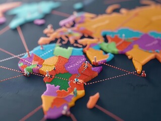 A digital map showing global trade flows with policy changes highlighted, representing their impact on market competition