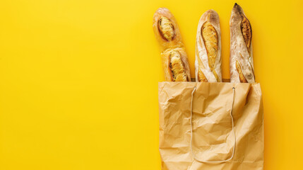baquettes in paper bag on yellow background