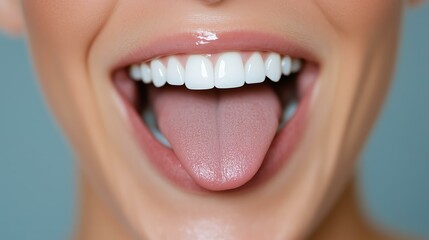 Obraz premium Close-up of smiling mouth with perfect white teeth and tongue out