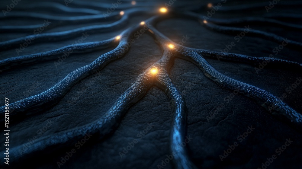 Poster electric network lines illuminate a system of wire connections in a dark environment