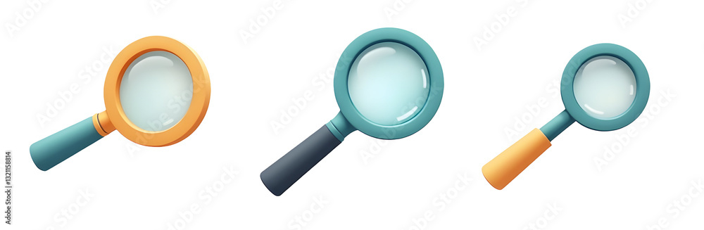 Aufkleber three magnifying glasses in varying sizes, each featuring a colored handle and a circular lens.