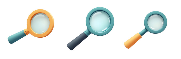 Three magnifying glasses in varying sizes, each featuring a colored handle and a circular lens.