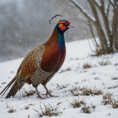 Fototapeta premium A pheasant standing in a snowy landscape, its bright plumage contrasting against the white.