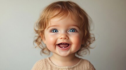 Naklejka premium Happy Baby Girl with Blonde Curly Hair and Blue Eyes