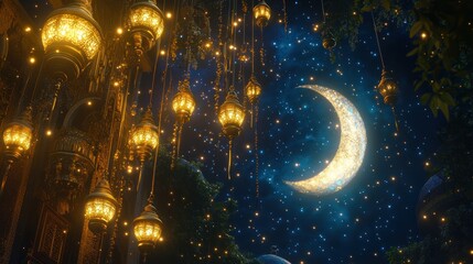 Enchanted Night: Crescent Moon and Golden Lanterns