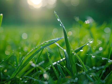 Dew-kissed blades of grass glistens in the early morning light - Powered by Adobe