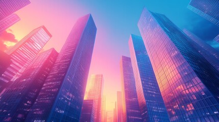 Tall glass skyscrapers reach for the colorful sky as the sun sets, casting a soft glow over the urban landscape with shades of pink, purple, and orange illuminating the scene