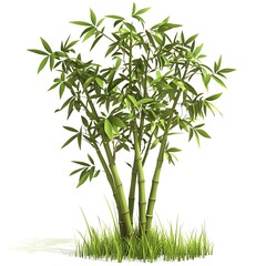 Fototapeta premium Lush Green Bamboo Cluster with Grass, 3D Render, Isolated on White Background