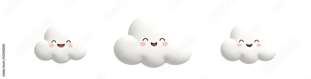 Poster three cute, smiling clouds with a fluffy appearance, varying in size, creating a whimsical, cheerful