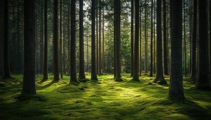 Obraz premium Sunlight filtering through a dense forest. Moss-covered forest floor bathed in golden light